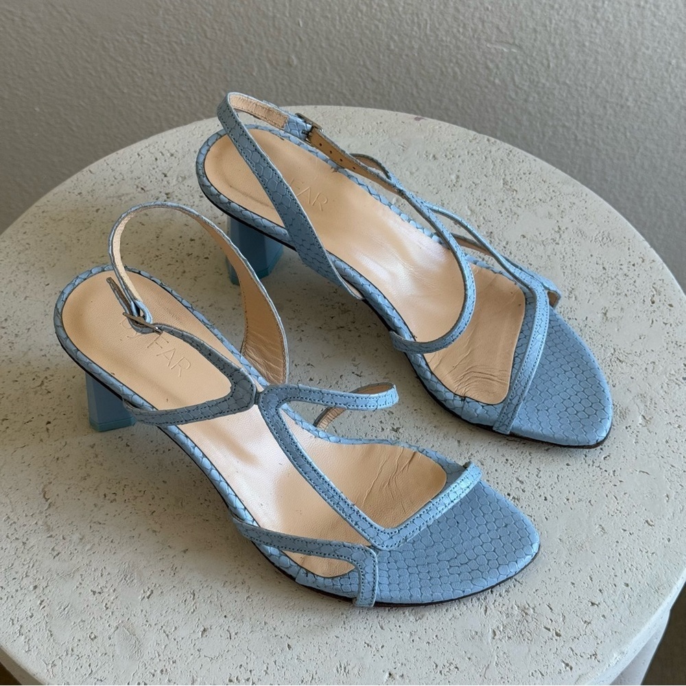 BY FAR Brigette pastel blue leather snake print sandals, size 36. - Picture 3 of 9